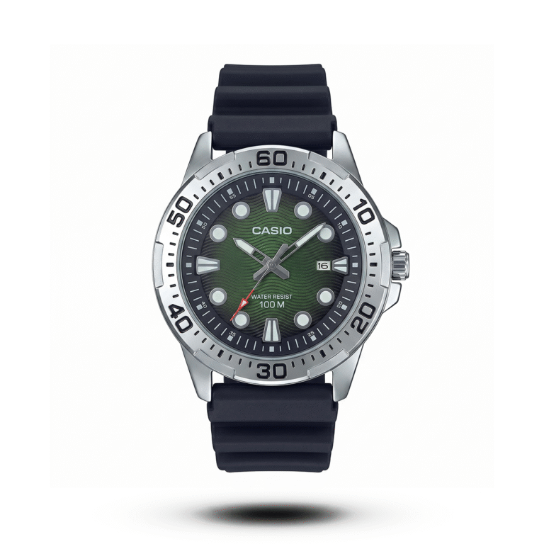 Casio-style Oceantrail Deepwave watch with silver bezel, green dial and black strap