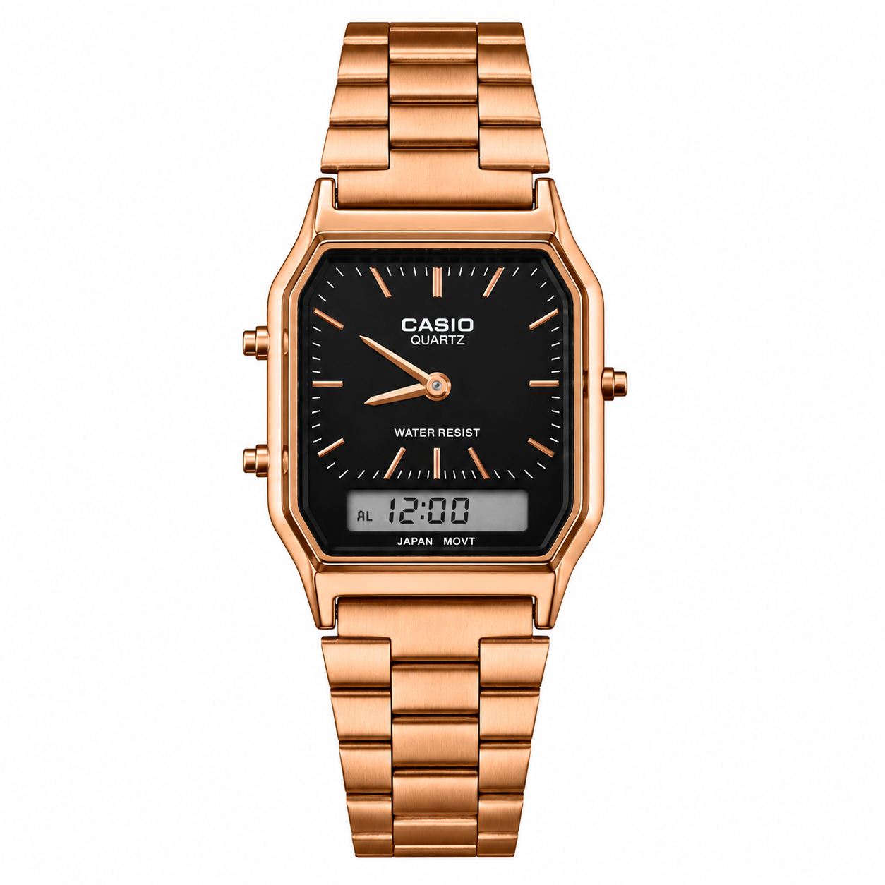 Casio-Style AQ Analog-Digital Watch – Copper Case Black Dial
