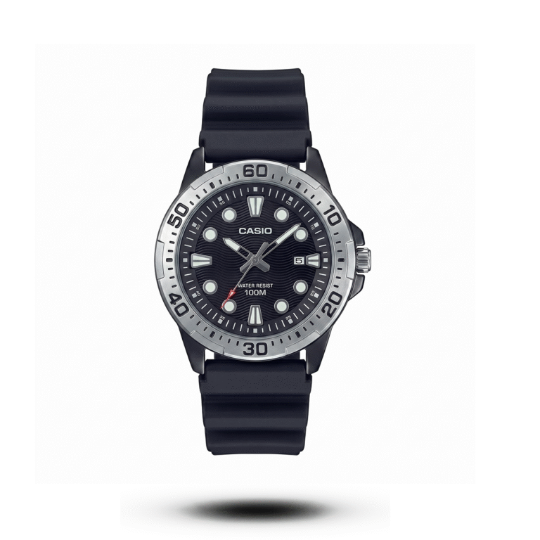 Casio-style Oceantrail Deepwave watch with silver bezel, black dial and black strap