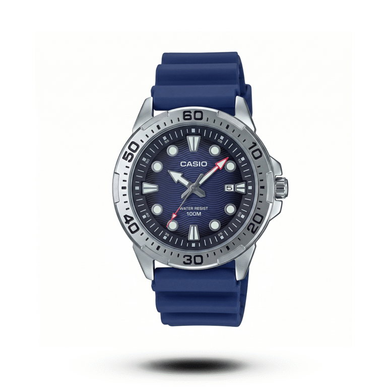 Casio-style Oceantrail Deepwave watch with silver bezel, deep blue dial and deep blue strap