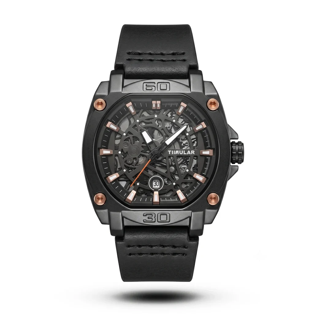Tubular Mechanical Tonneau Industrial Leather black tone orange nuts Watch