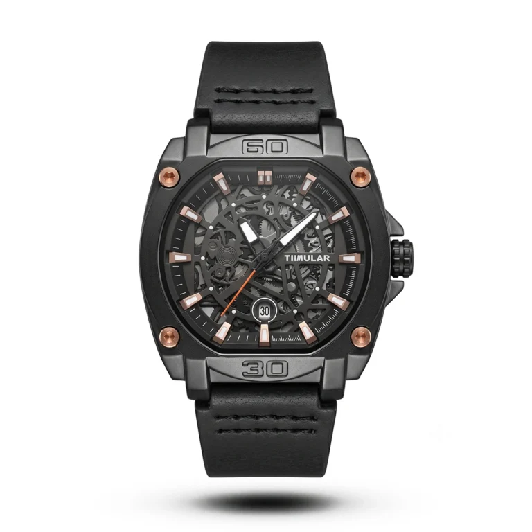 Tubular Mechanical Tonneau Industrial Leather black tone orange nuts Watch