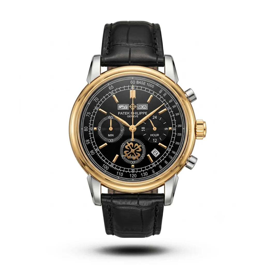 Patek Philippe Arabic Day-Date Chronograph black Strap black dial golden bezel Watch | AA Grade Inspired