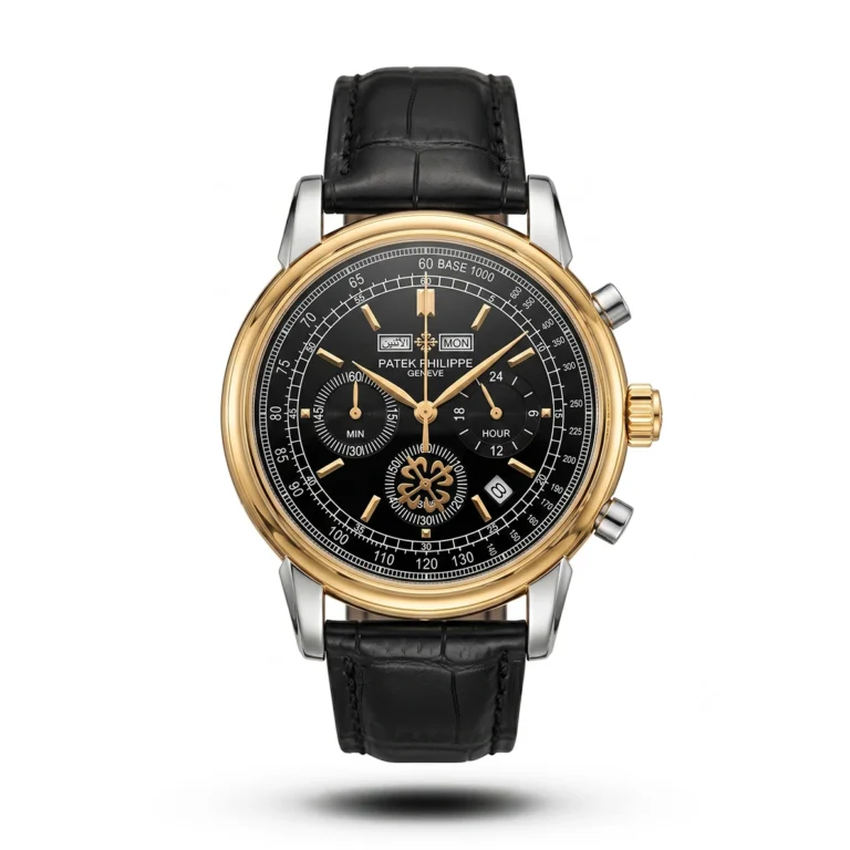 Patek Philippe Arabic Day-Date Chronograph black Strap black dial golden bezel Watch | AA Grade Inspired