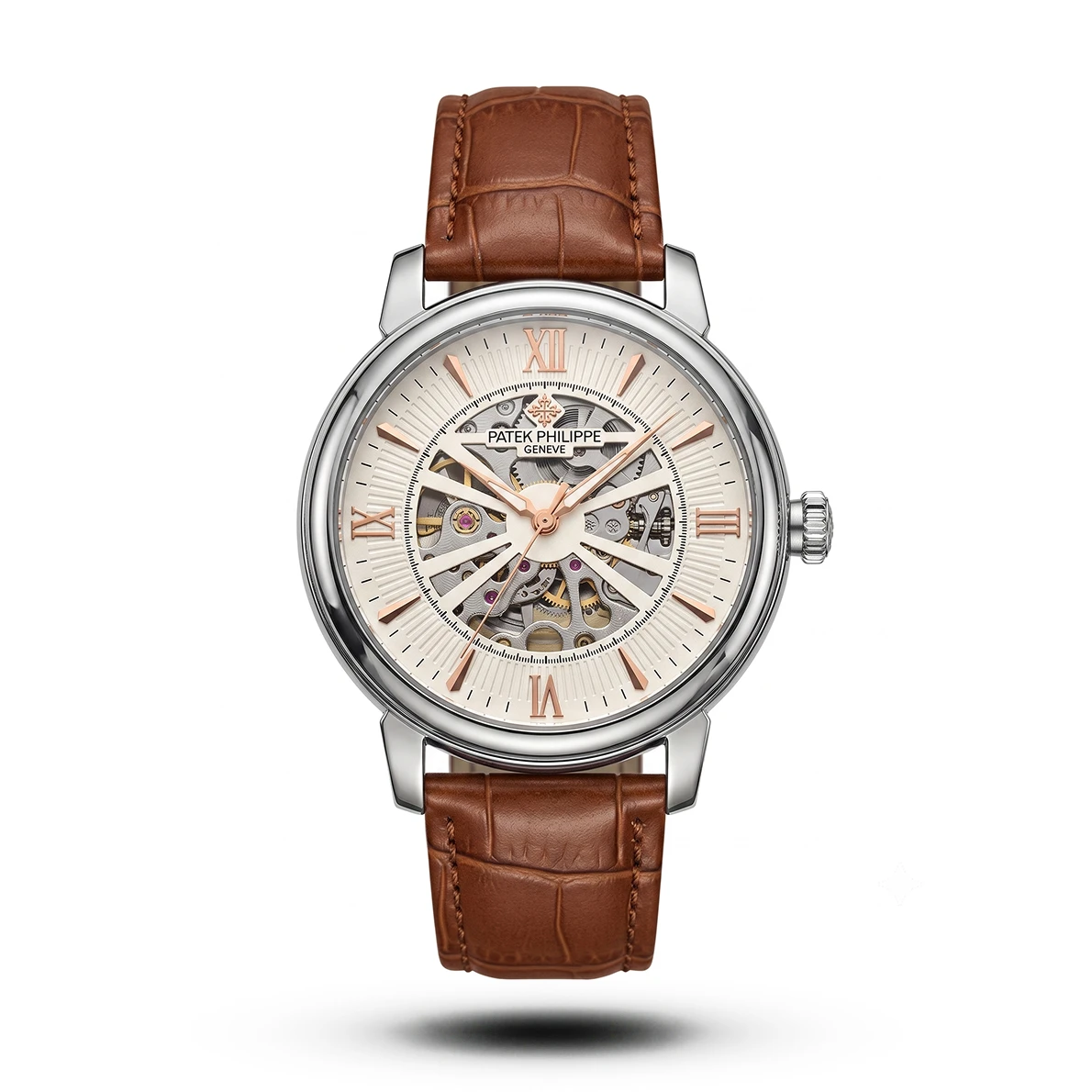 product-1a749842-543e-4a59-a2de-031c3dd9b5e5.webp Patek Philippe Skeleton Roman brown Leather silver tone Watch | AA Grade Inspired