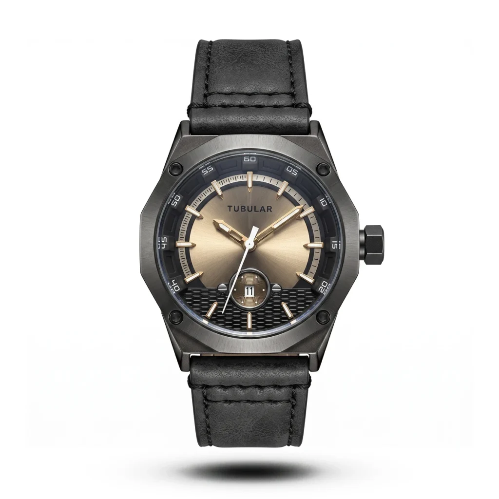 Tubular Industrial Octagonal Horizon Dial black Leather Watch