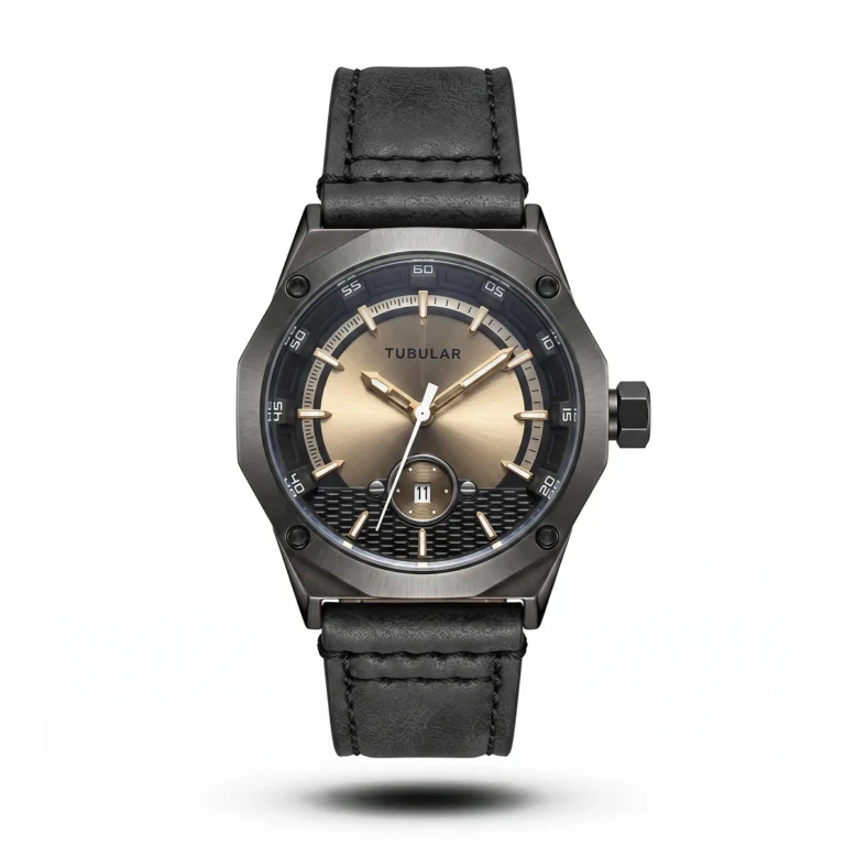 Tubular Industrial Octagonal Horizon Dial black Leather Watch