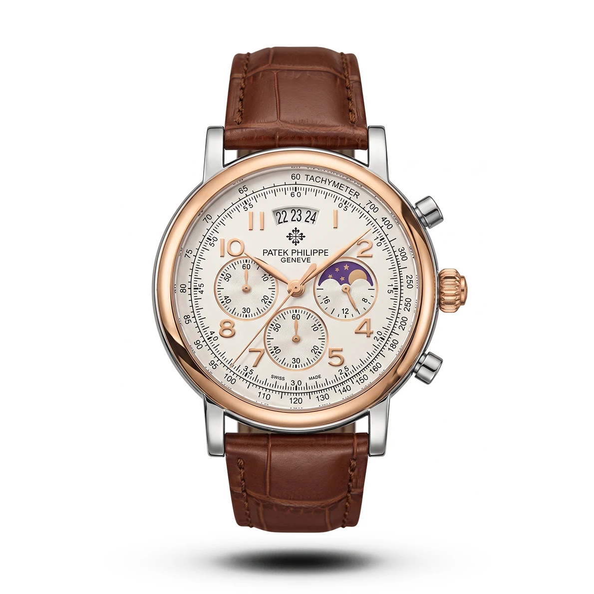 product-1fc02456-0c51-4e72-851c-2a538c3233e4.webp Patek Philippe Moon Phase Chrono brown Leather two tone Watch | AA Grade Inspired