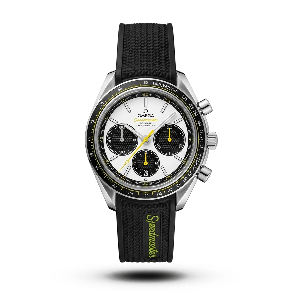 product-252ff712-b548-4c80-b026-b41116b46f00.webp Omega Speedmaster Racing Panda Dial Yellow Accent Rubber Watch | AA Grade Inspired
