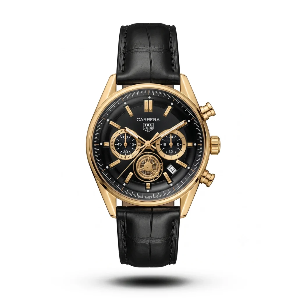 TAG Heuer Carrera Chrono black Leather black dial gold tone Watch | AA Grade Inspired