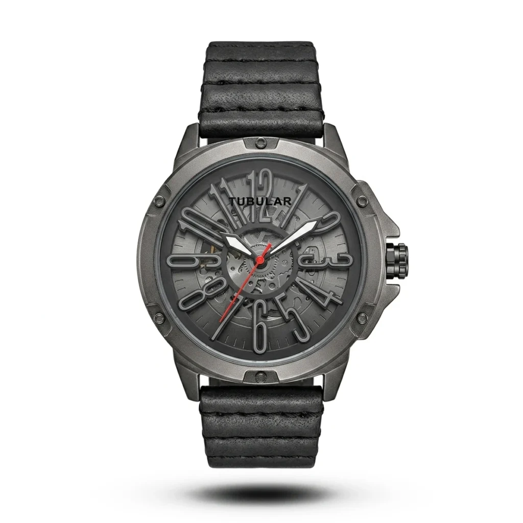 Tubular Skeleton Gunmetal Industrial Leather black accent Watch
