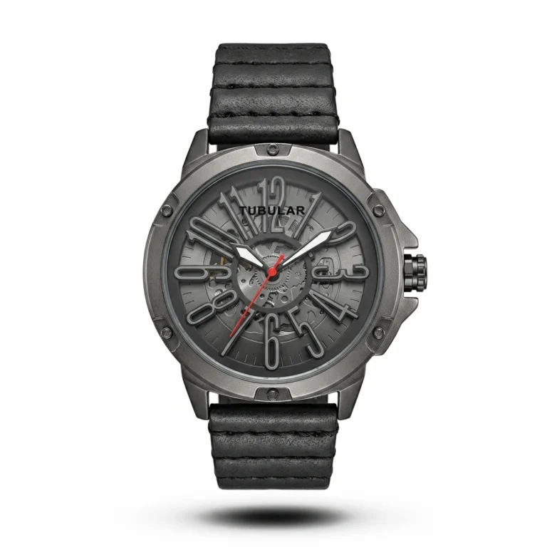 Tubular Skeleton Gunmetal Industrial Leather black accent Watch