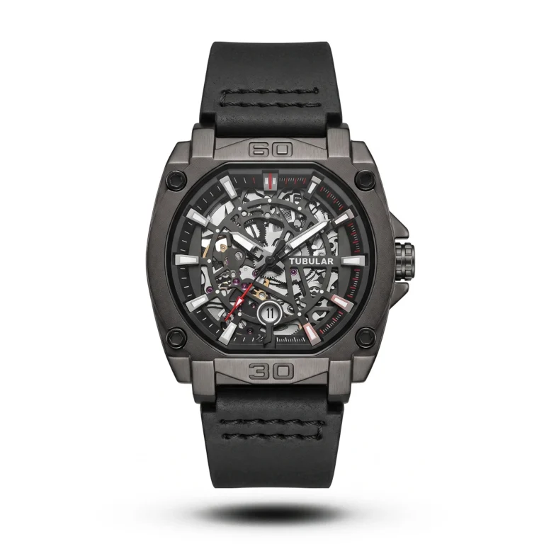 Tubular Mechanical Tonneau Industrial Leather black tone Watch