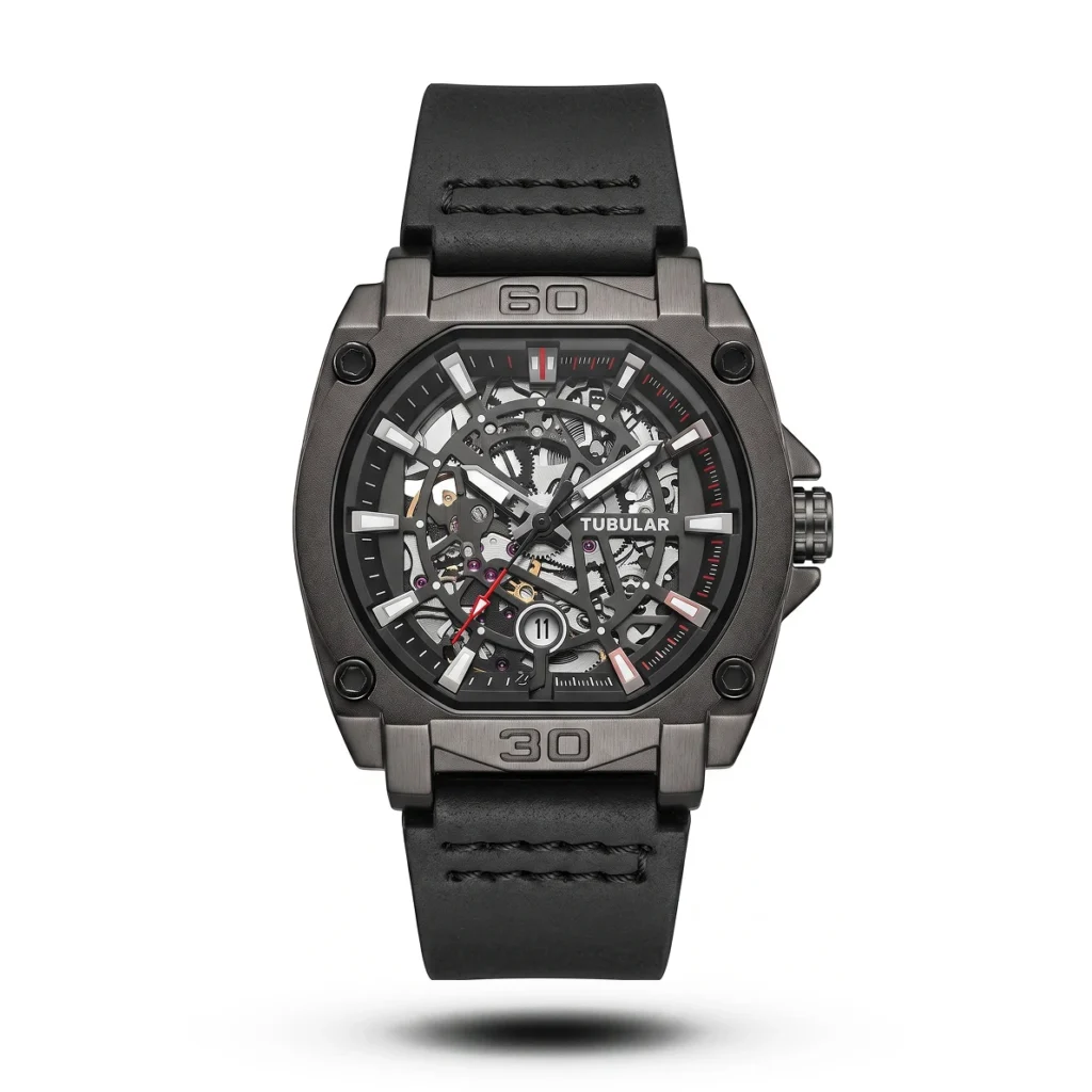 Tubular Mechanical Tonneau Industrial Leather black tone Watch