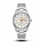 Seiko 5 Silver tone Textured white Dial gold accent Steel Watch |