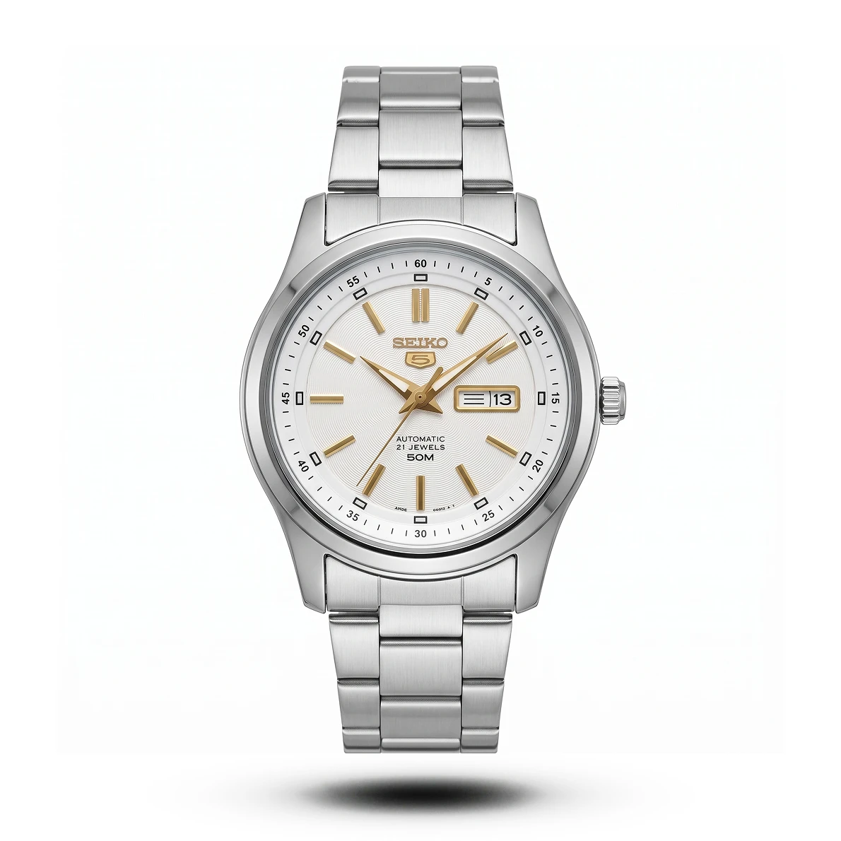product-4aab394e-111e-4a5d-902b-2894a16b1541.webp Seiko 5 Silver tone Textured white Dial gold accent Steel Watch | - Image 1