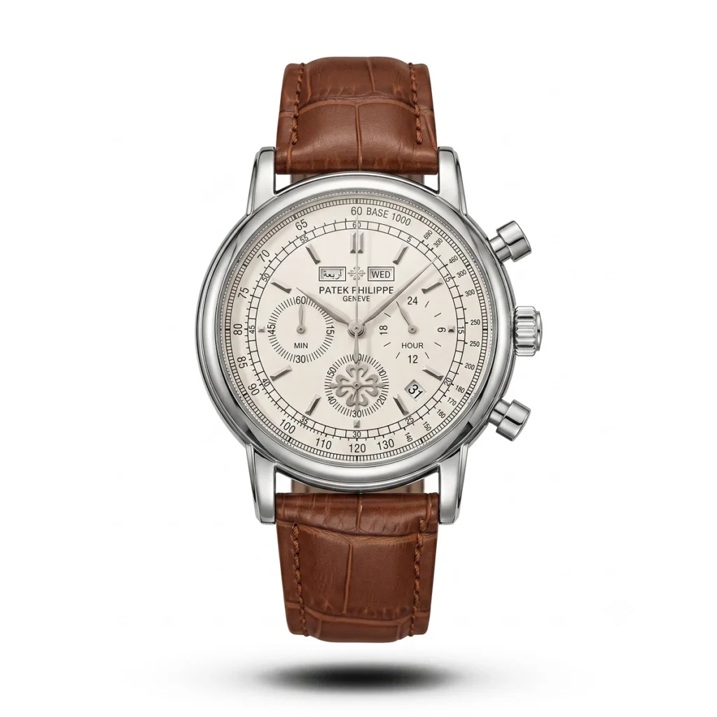 Patek Philippe Arabic Day-Date Chronograph brown Strap white dial Watch | AA Grade Inspired