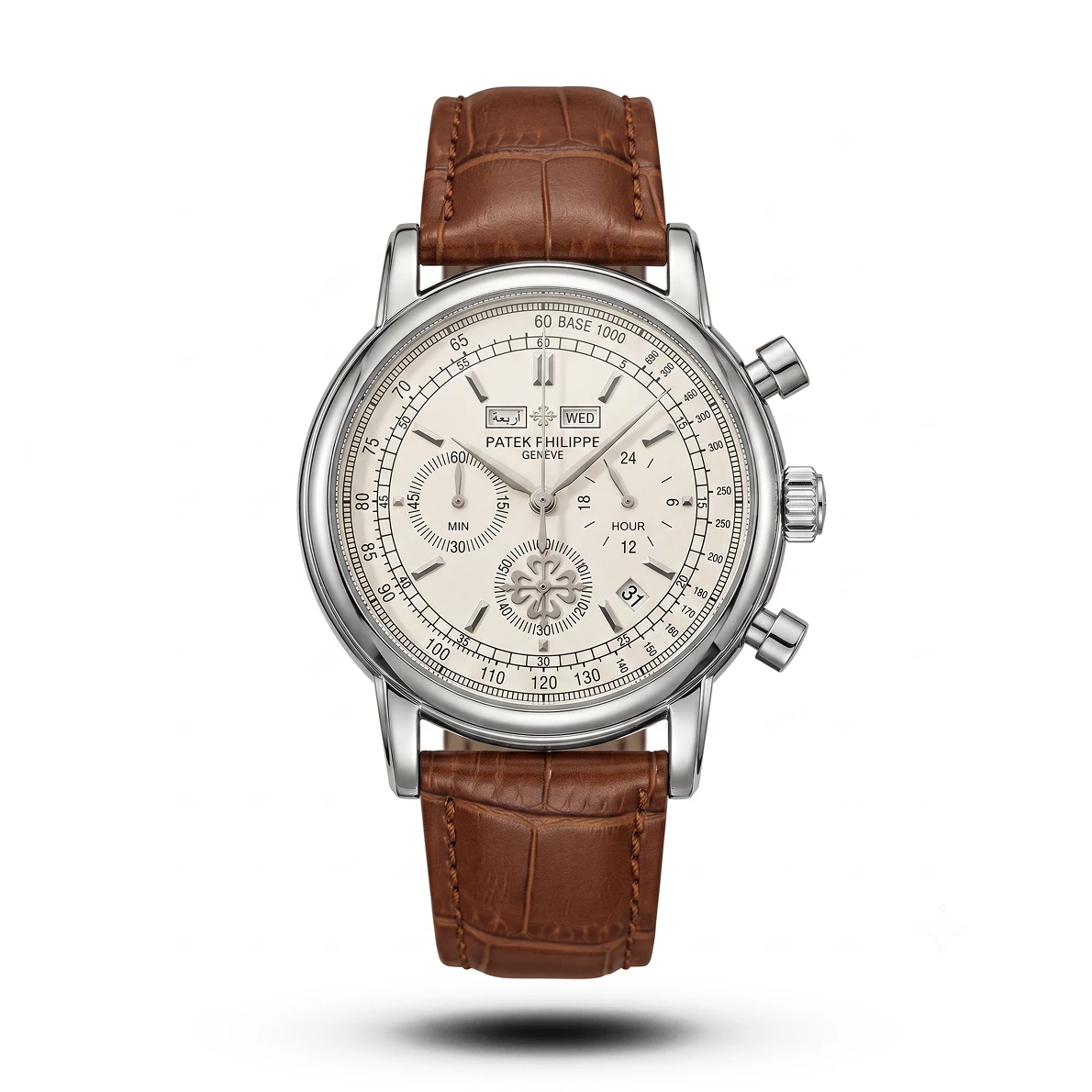 product-4ccd3af4-0e57-41c8-923b-a6df694d03f9.webp Patek Philippe Arabic Day-Date Chronograph brown Strap white dial Watch | AA Grade Inspired