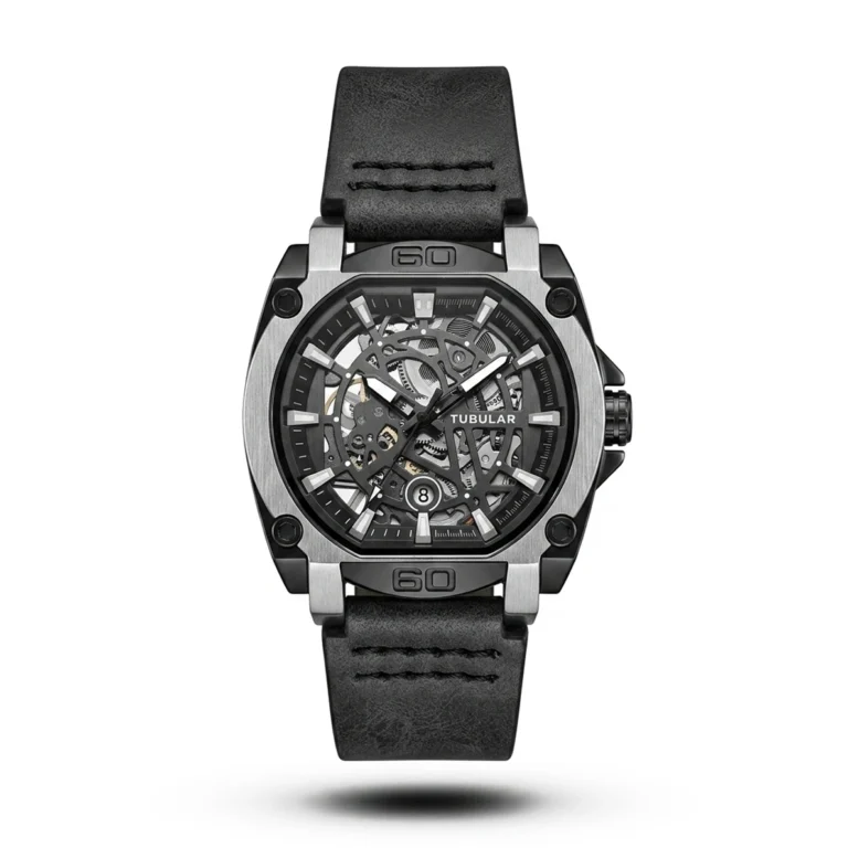 Tubular Mechanical Tonneau Industrial Leather silver tone Watch