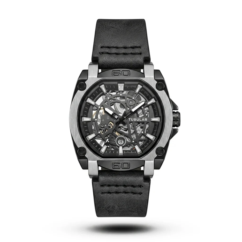Tubular Mechanical Tonneau Industrial Leather silver tone Watch