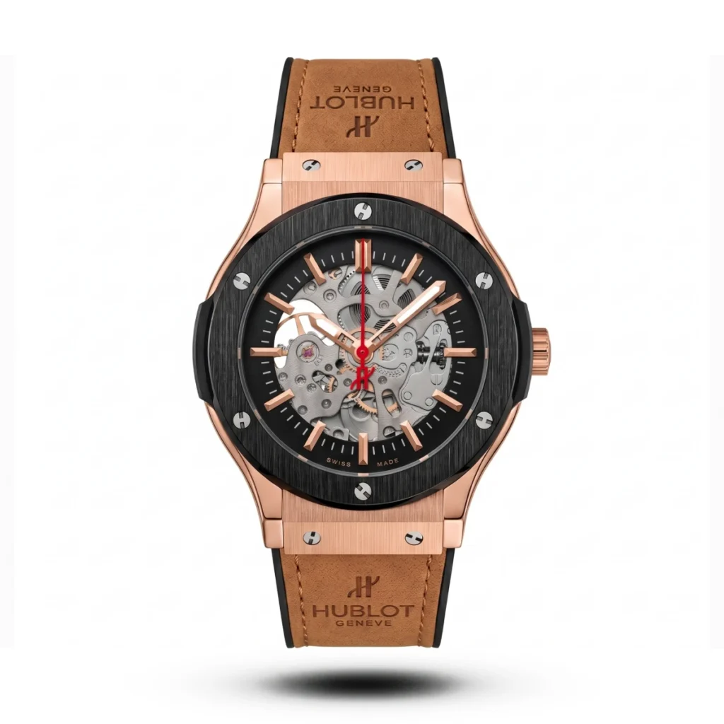 Hublot Classic Fusion Skeleton mustard Strap rose gold case Watch | AA Grade Inspired