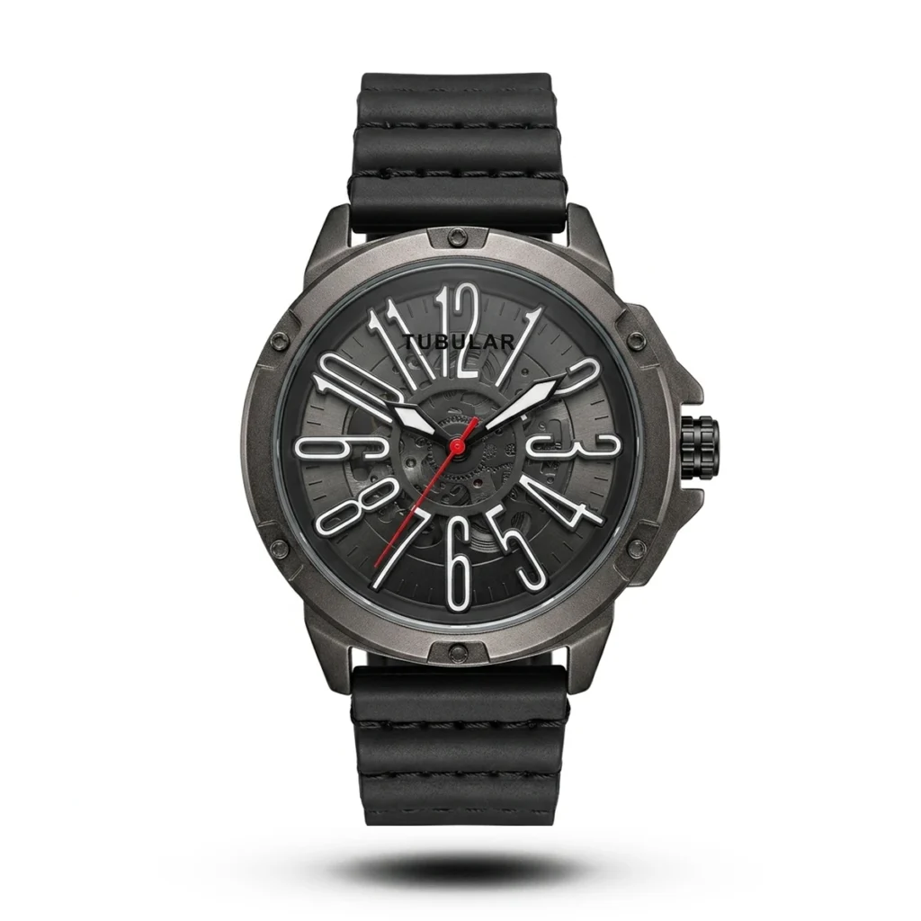 Tubular Skeleton Gunmetal Industrial Leather white accent Watch