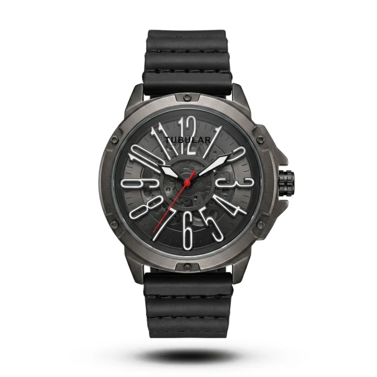 Tubular Skeleton Gunmetal Industrial Leather white accent Watch