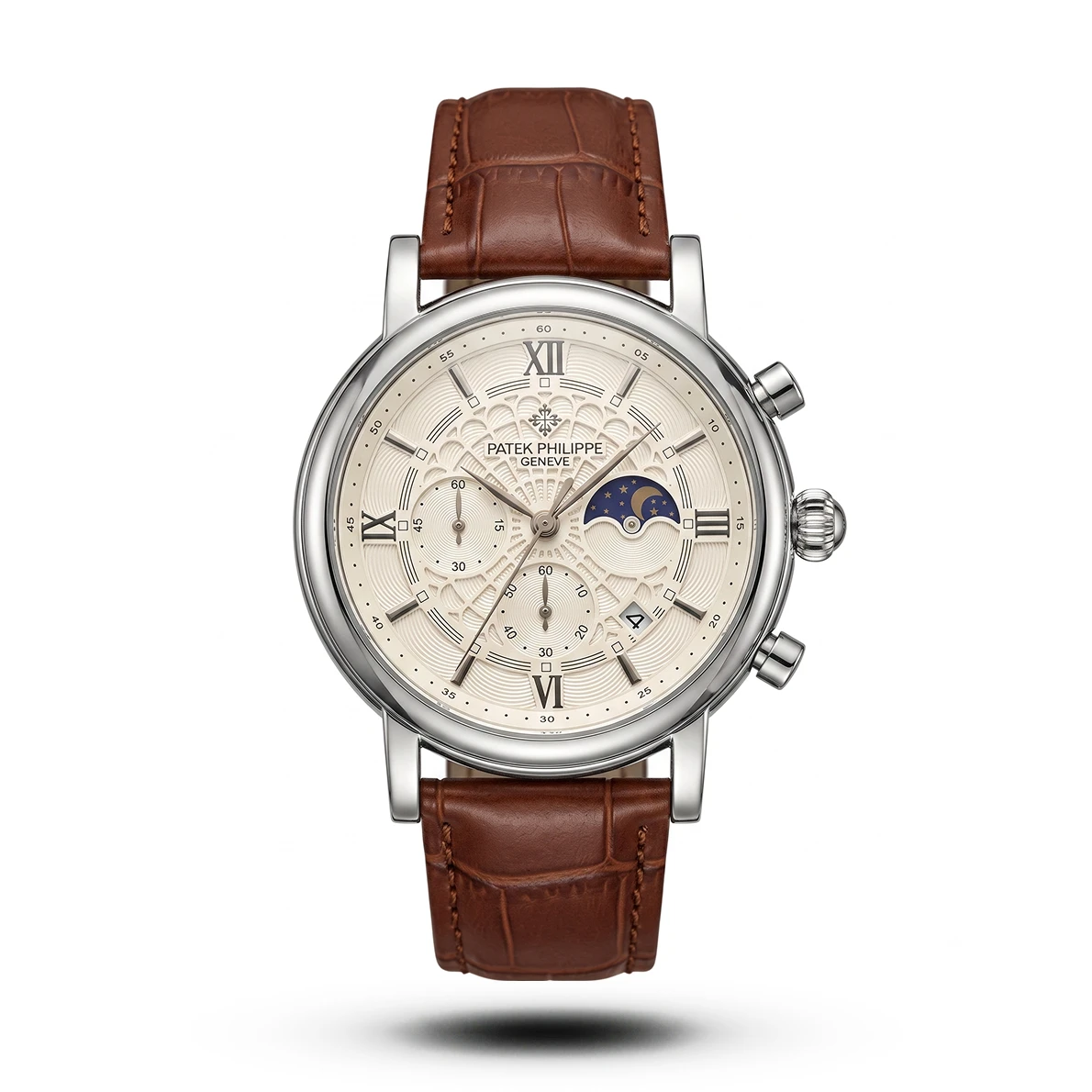 product-880964b0-48f4-4372-be70-18f900553238.webp Patek Philippe spider dial brown Leather white dial Watch | AA Grade Inspired