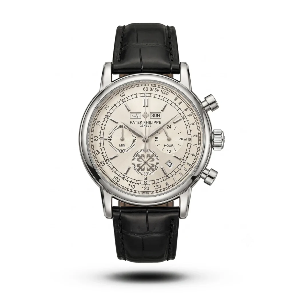 Patek Philippe Arabic Day-Date Chronograph black Strap white dial Watch | AA Grade Inspired