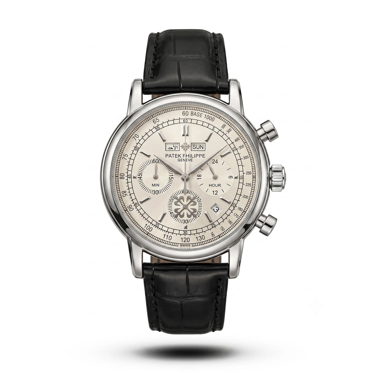 product-92a65d16-b911-45d7-af62-c6f4fef7c527.webp Patek Philippe Arabic Day-Date Chronograph black Strap white dial Watch | AA Grade Inspired