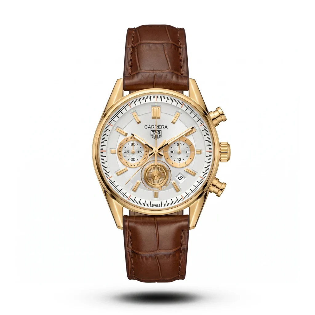 TAG Heuer Carrera Chrono brown Leather white dial gold tone Watch | AA Grade Inspired