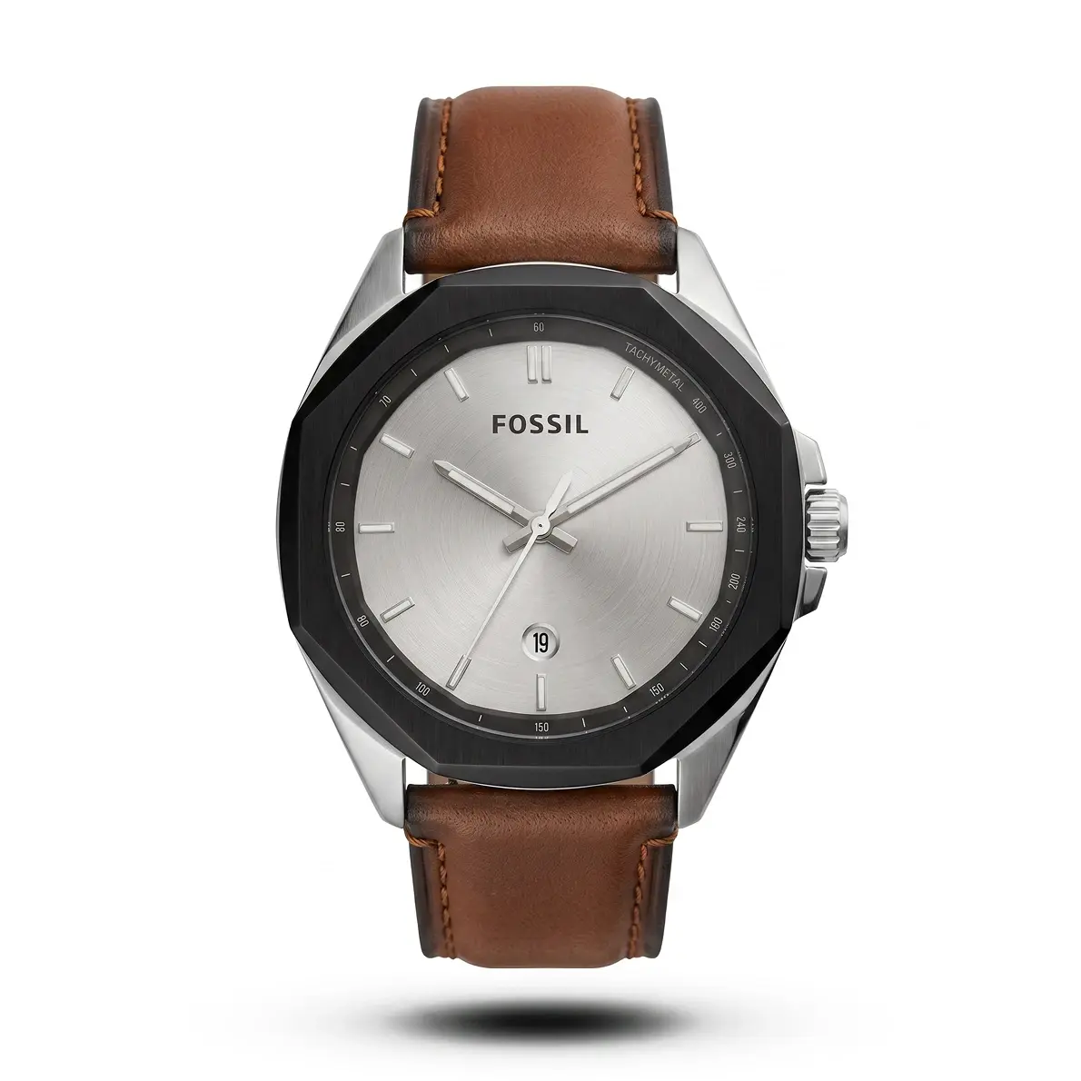 product-b7beea59-8a9a-46f8-ba83-f6d46833a656 Fossil Date Just Octa shape Brown leather grey dial watch - Image 1