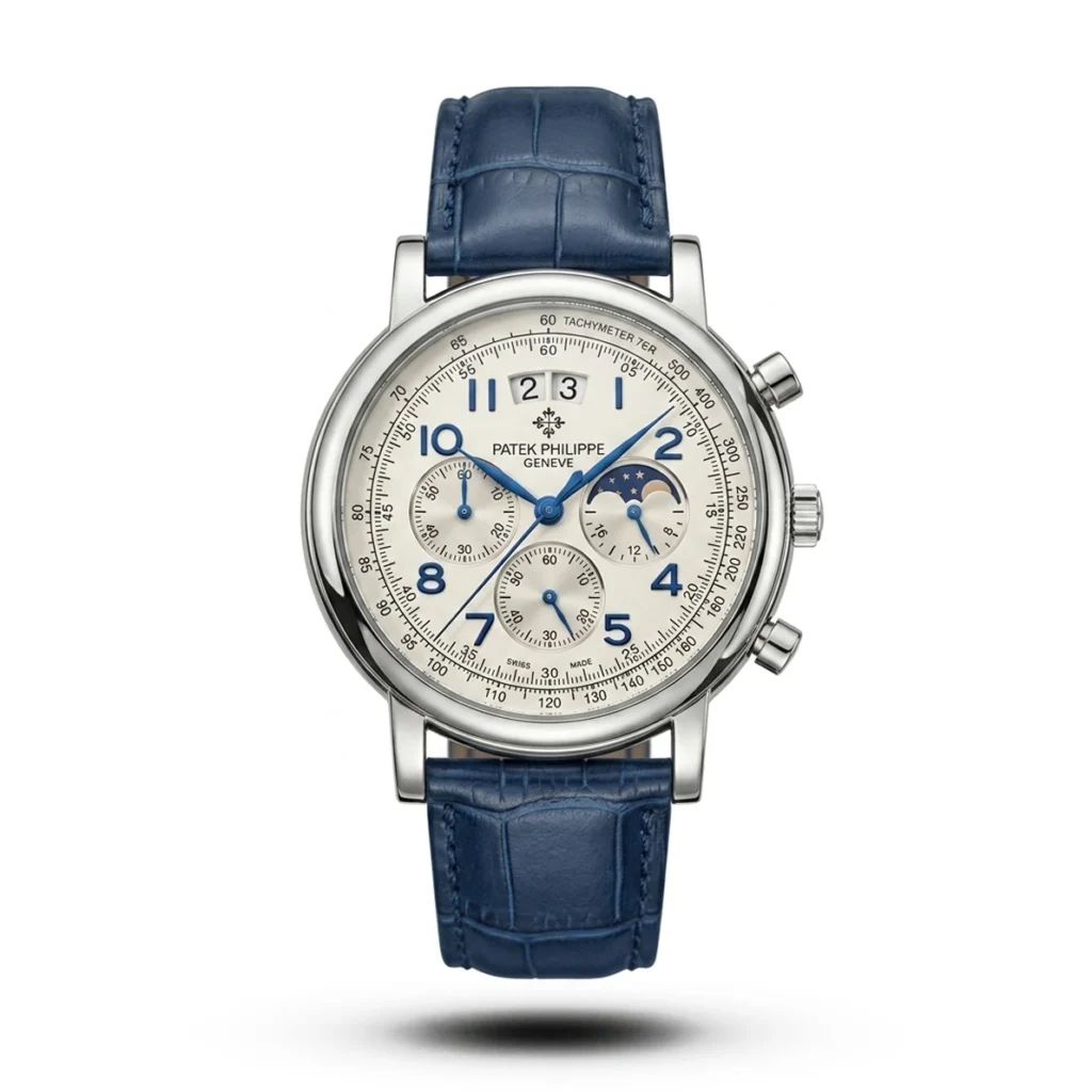 Patek Philippe grand chrono blue Leather silver case white dial Watch | AA Grade Inspired