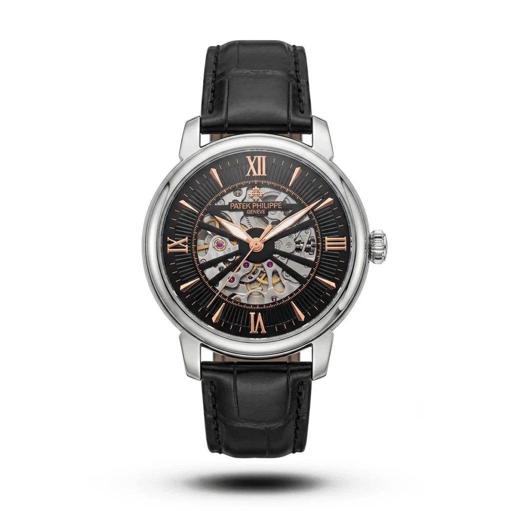 Patek Philippe Skeleton Roman black Leather silver tone Watch | AA Grade Inspired