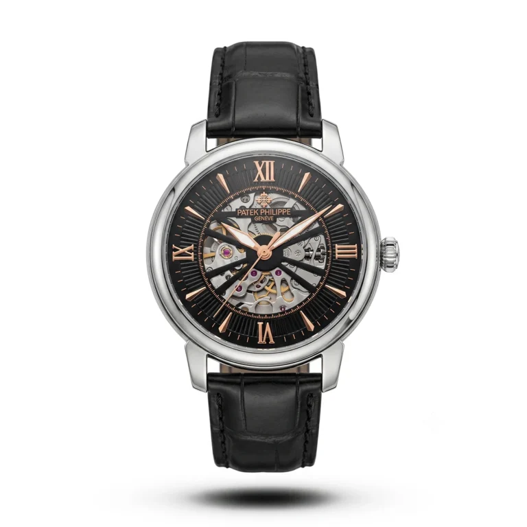 Patek Philippe Skeleton Roman black Leather silver tone Watch | AA Grade Inspired