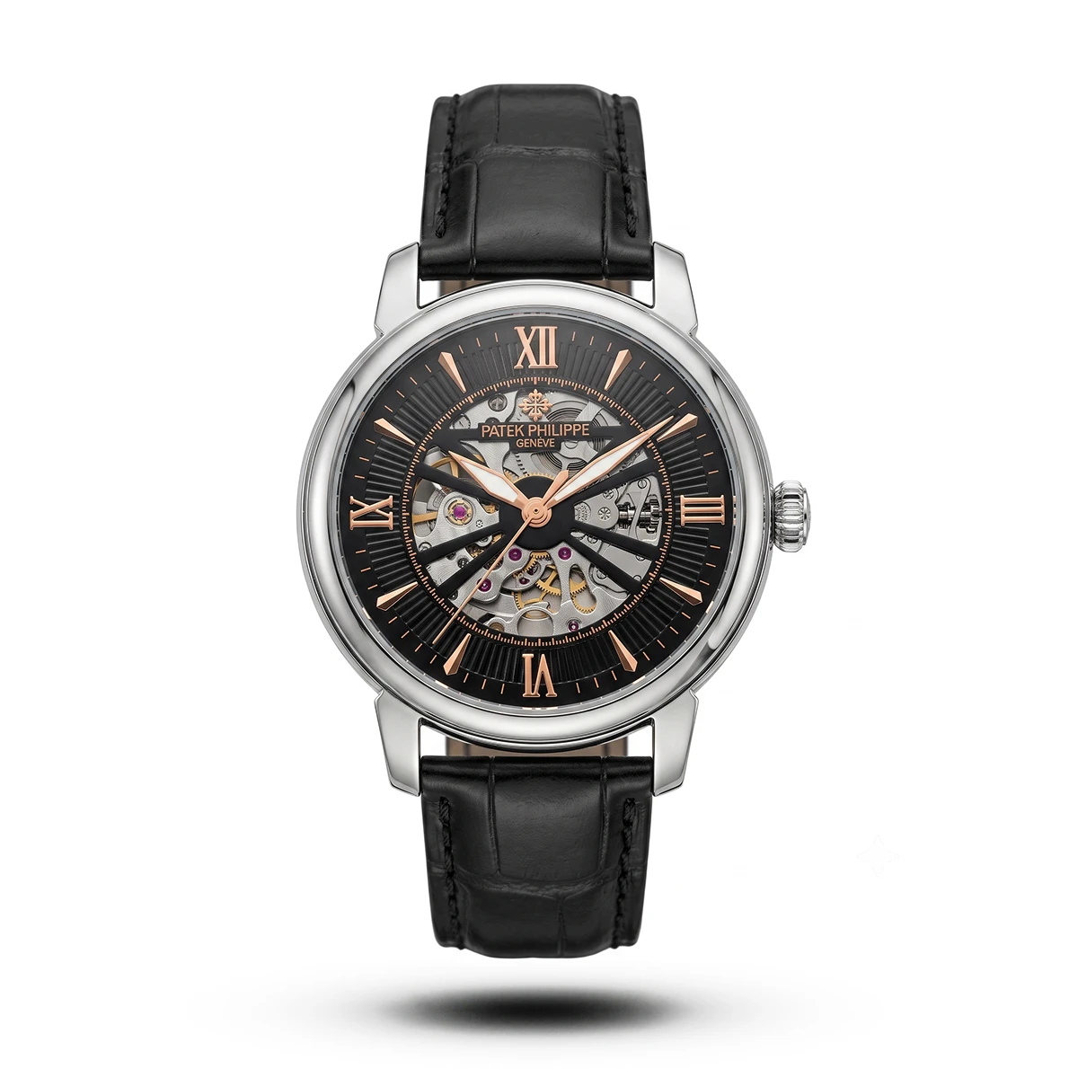 product-cd1fb799-5b38-4194-947a-3caf7bd9285b.webp Patek Philippe Skeleton Roman black Leather silver tone Watch | AA Grade Inspired