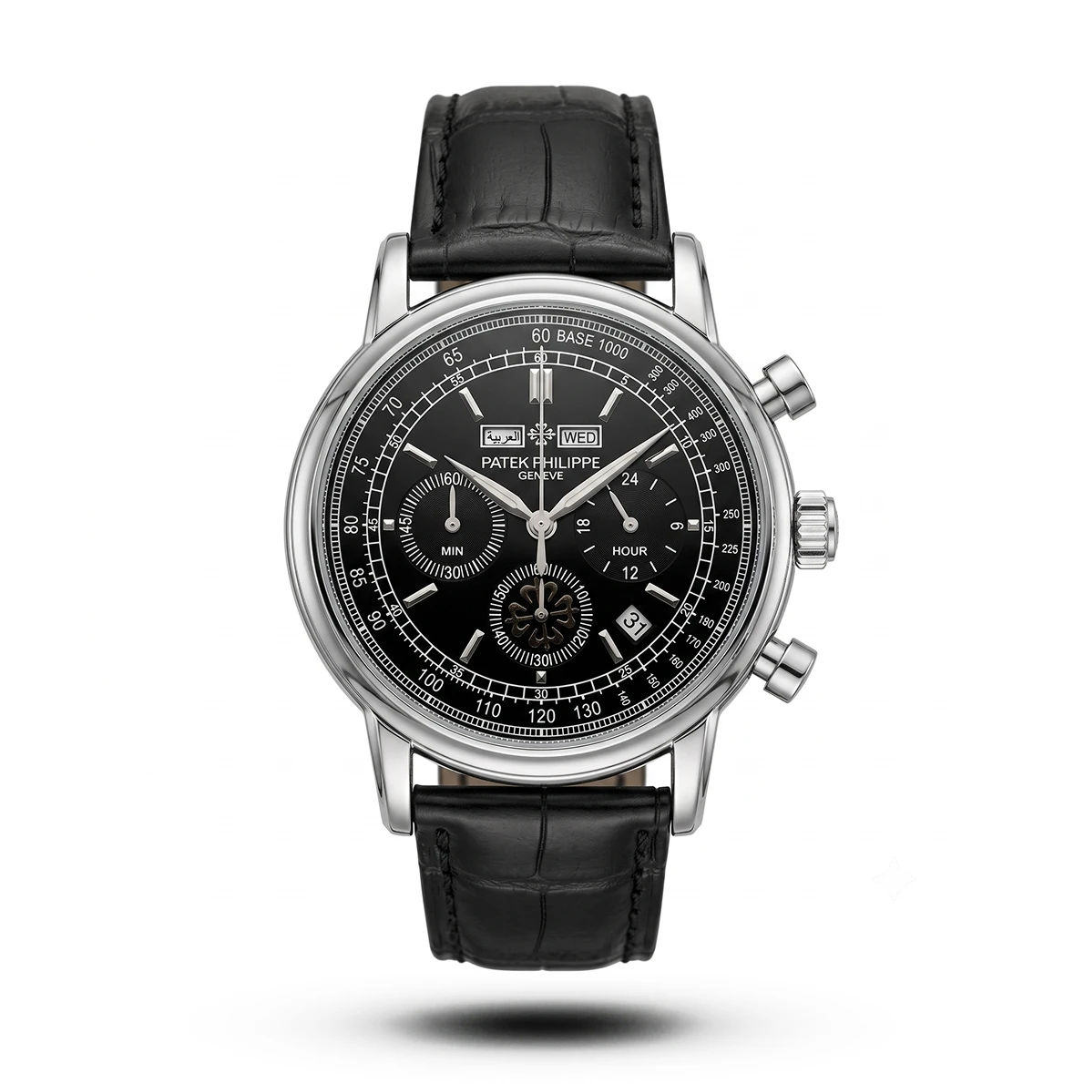 product-e9420e25-e89d-4e6a-9efd-716a2e5c431b.webp Patek Philippe Arabic Day-Date Chronograph black Strap black dial Watch | AA Grade Inspired
