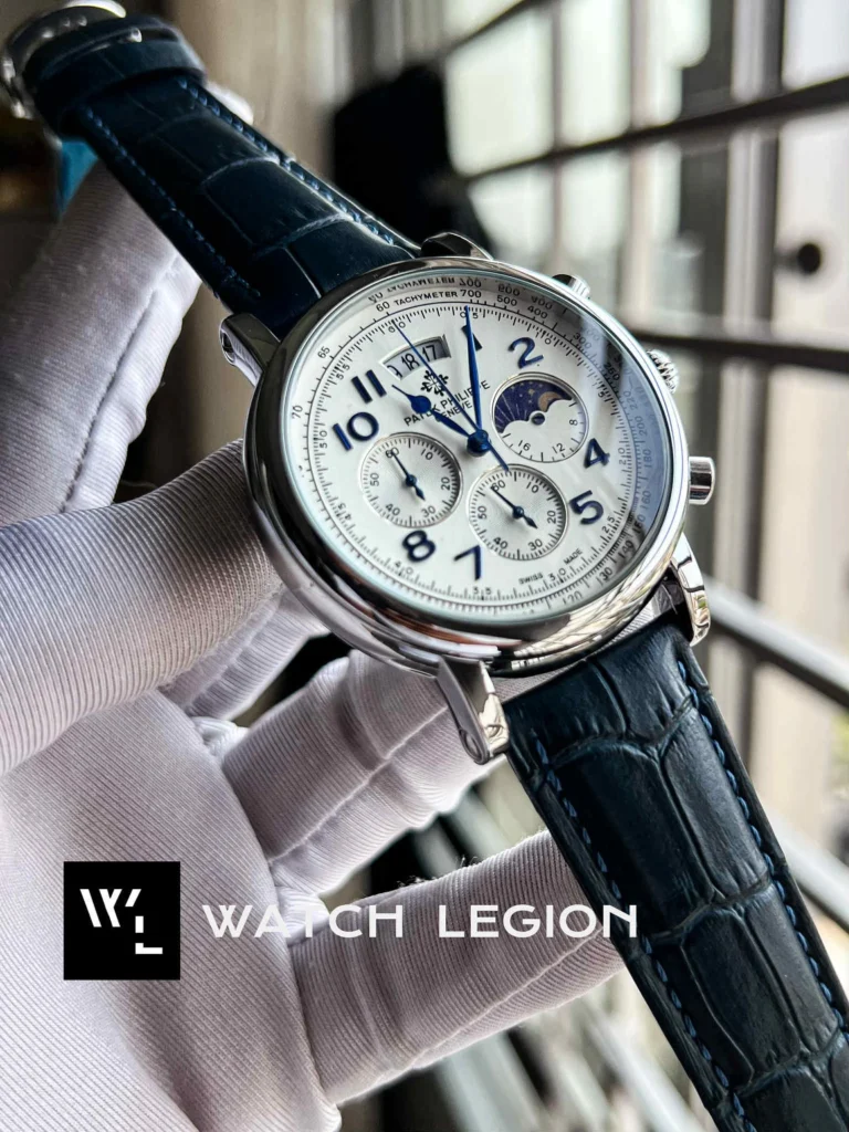 Patek Philippe grand chrono blue Leather silver case white dial Watch | AA Grade Inspired