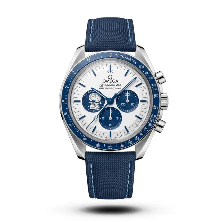 Omega Speedmaster Silver Snoopy chronograph with white dial and blue strap