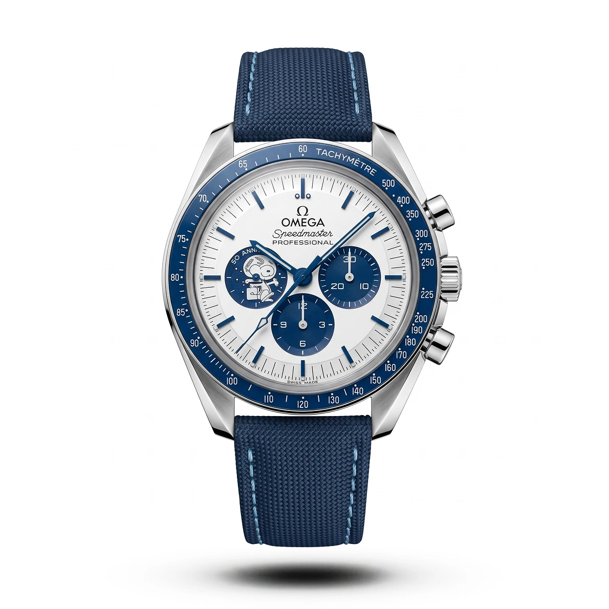 Omega Speedmaster Silver Snoopy Blue Strap Watch Omega Speedmaster Silver Snoopy chronograph with white dial and blue strap