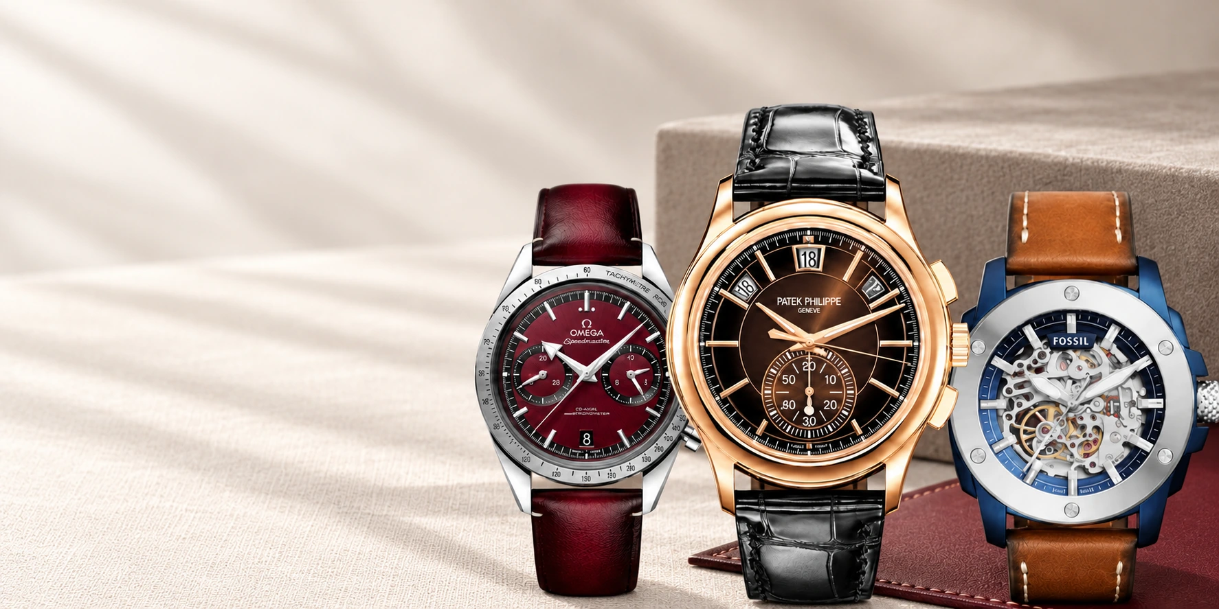 Leather strap watches on a warm neutral backdrop — Xero Hour leather watches