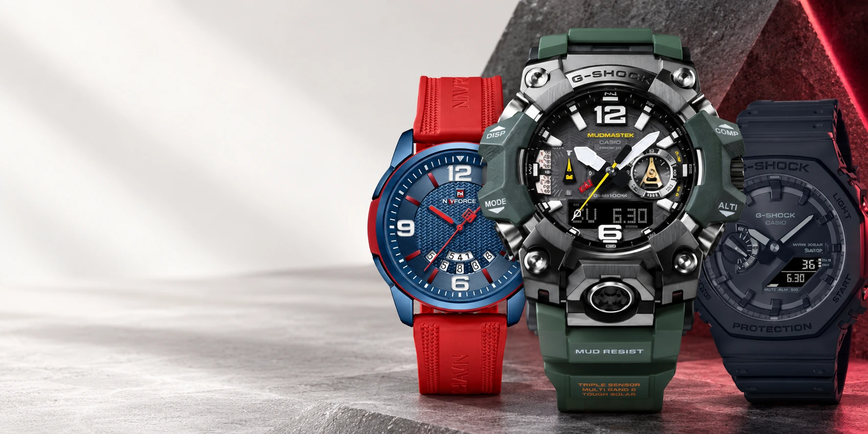 Sport watches with silicone straps on a stone backdrop — Xero Hour silicone watches